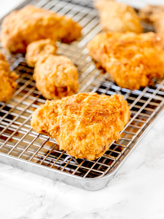 Fried chicken on a cooling rack