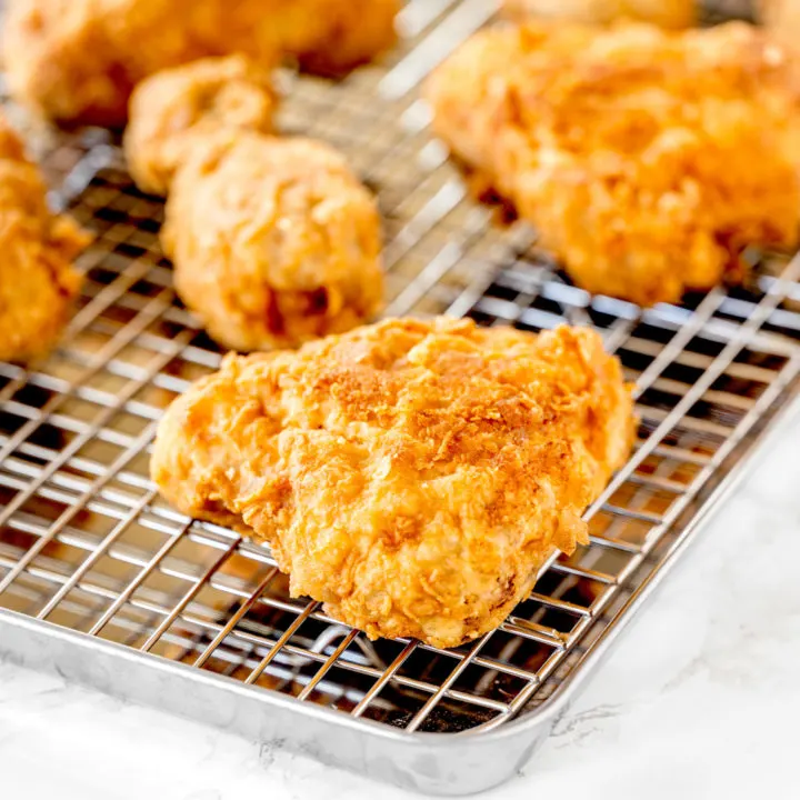 Fried chicken on a cooling rack